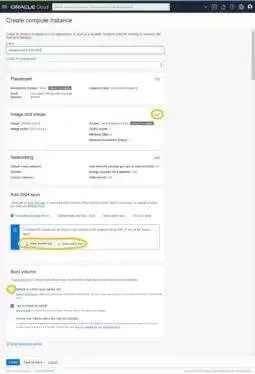 the Create Compute Instance page will load and items circled in orange are sections we need to touch; click the Edit link in the top-right corner of the Image and shape section to start