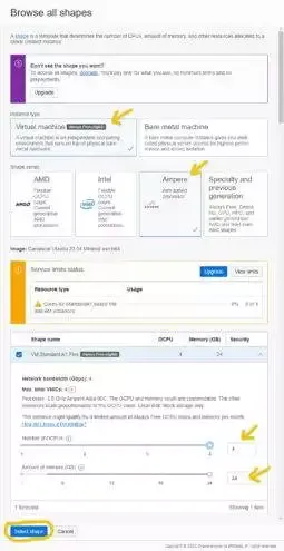 the Browse all shapes overlay will show every instance type available on Oracle Cloud but for this article we're going to spin up a single instance which maximizes the resources available on Oracle's the Always Free tier: an Ampere ARM-based instance with 4 OCPU cores, 24gb of memory, and 200gb of boot storage