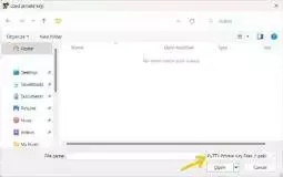 navigate to the folder where the Oracle Cloud private key downloaded, then click the dropdown in the bottom-right corner labeled PuTTY Private Key Files (*.ppk) and switch to All Files (*.*)