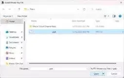 select the private key .ppk created in Step H then click the Open button to save it to the Pageant Key List